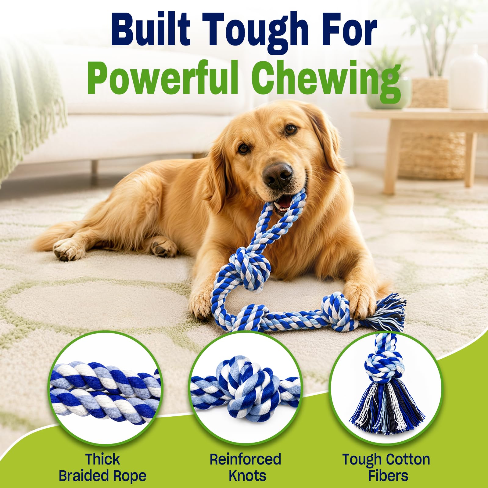 Dog Rope Toys For Aggressive Chewers, Tough Dog Chew Toys  Heavy Duty Tug Of War Dog Toys For Large Medium Dogs, 3 Knots Cotton Large Dental Rope Toys For Teeth Cleaning