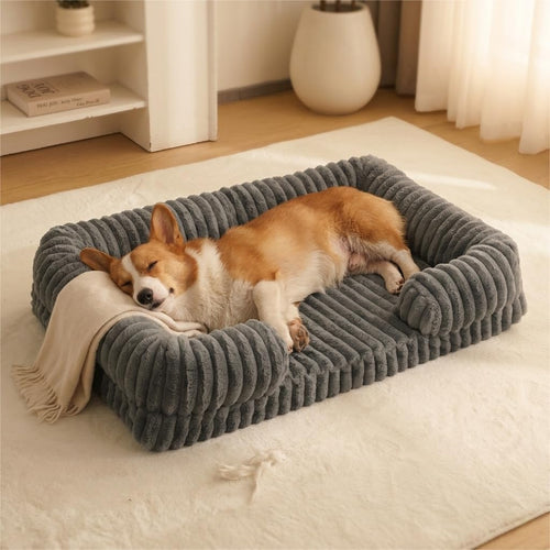 Bolster Dog Bed,Washable Thick Striped Plush Calming Dog Sofa Bed, Non-Slip Indoor Joint Relief Pet Bed For Small, Medium, And Large Breeds