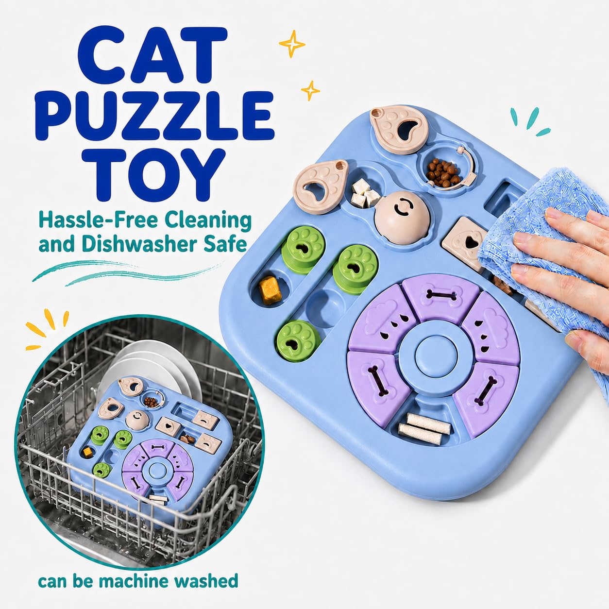 Interactive Cat Puzzle Toy, Maze Slow Feeder,  Cat Treat Puzzle, ABS And PP Plastic, Non-slip Rubber Feet, Top-rack Dishwasher Care