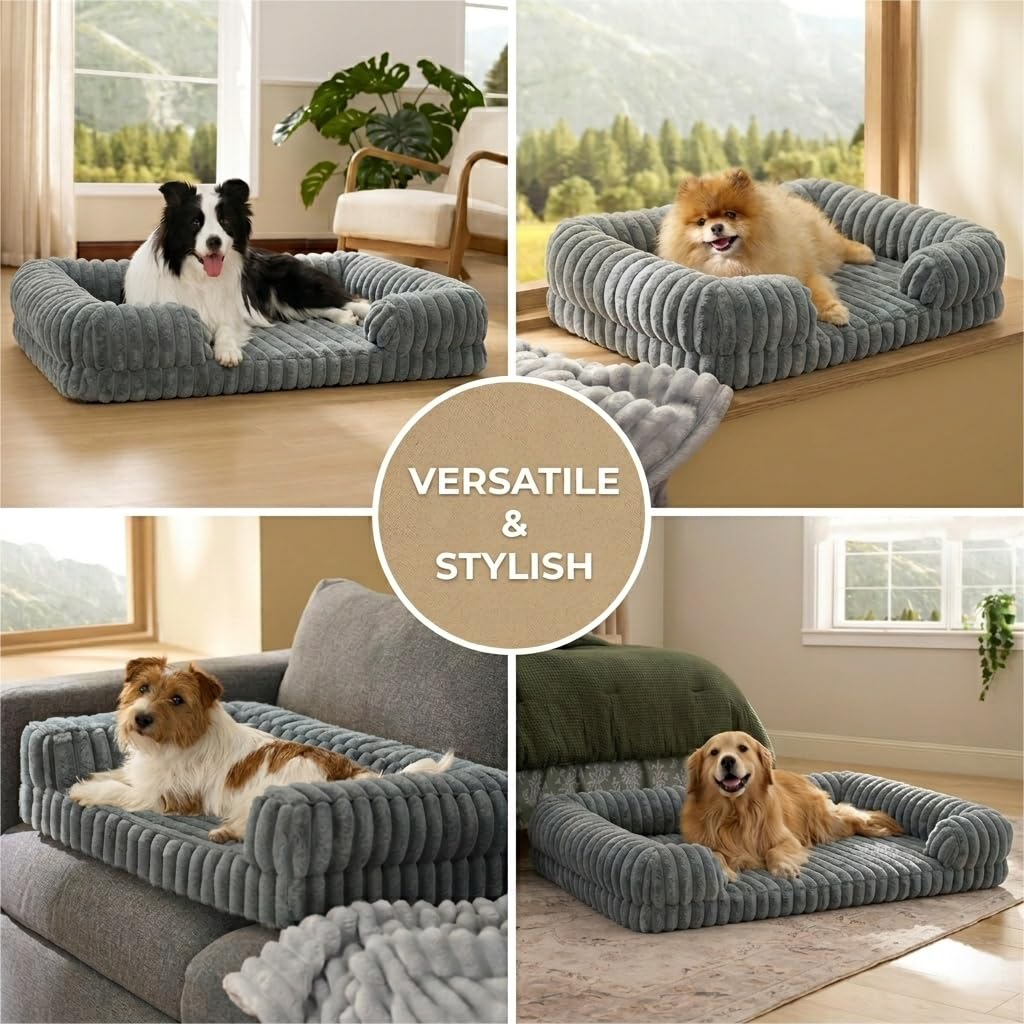 Bolster Dog Bed,Washable Thick Striped Plush Calming Dog Sofa Bed, Non-Slip Indoor Joint Relief Pet Bed For Small, Medium, And Large Breeds